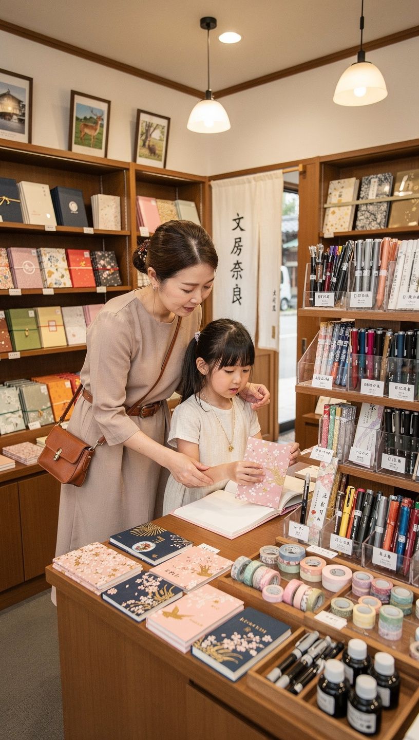 新しいコレクションの美しいジャーナルと書き物ツールが並ぶ文房具店の店内。