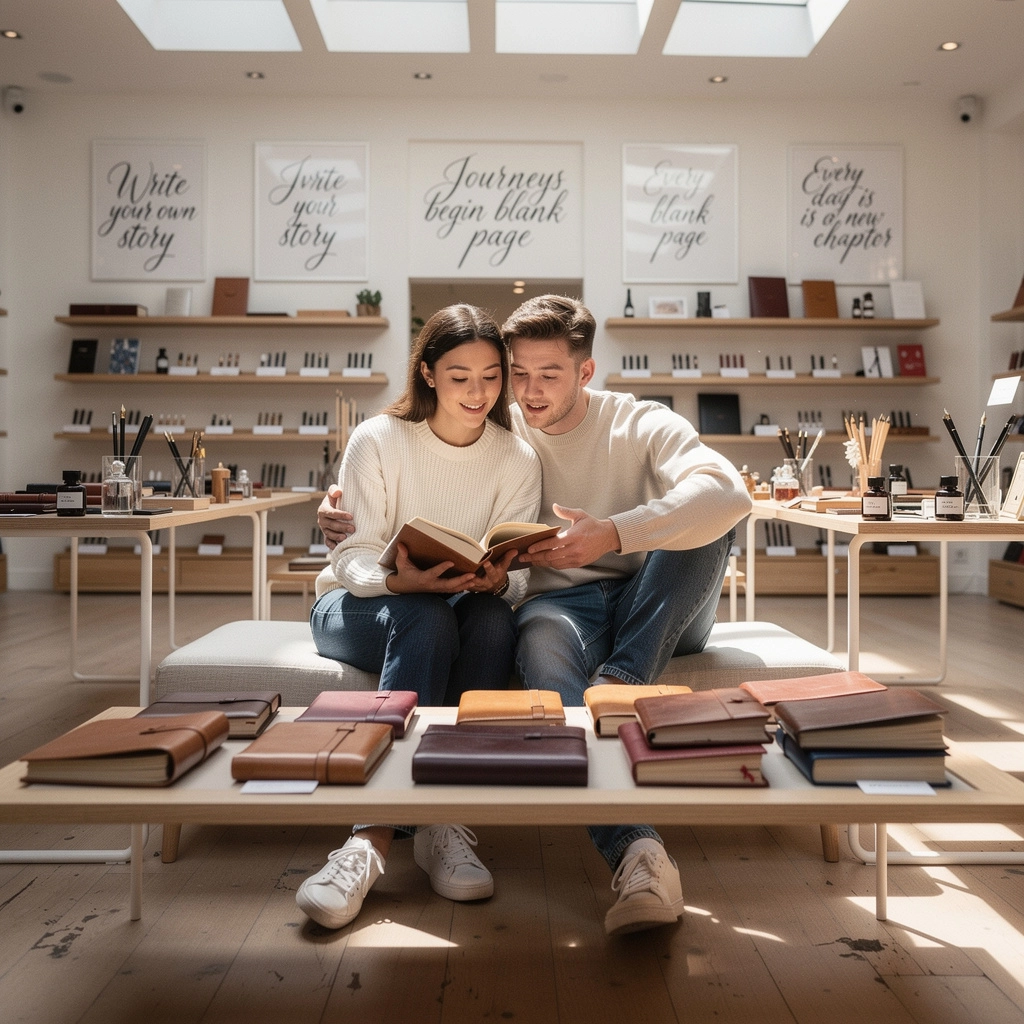 カラフルなノートと文房具のコレクションが並ぶ棚